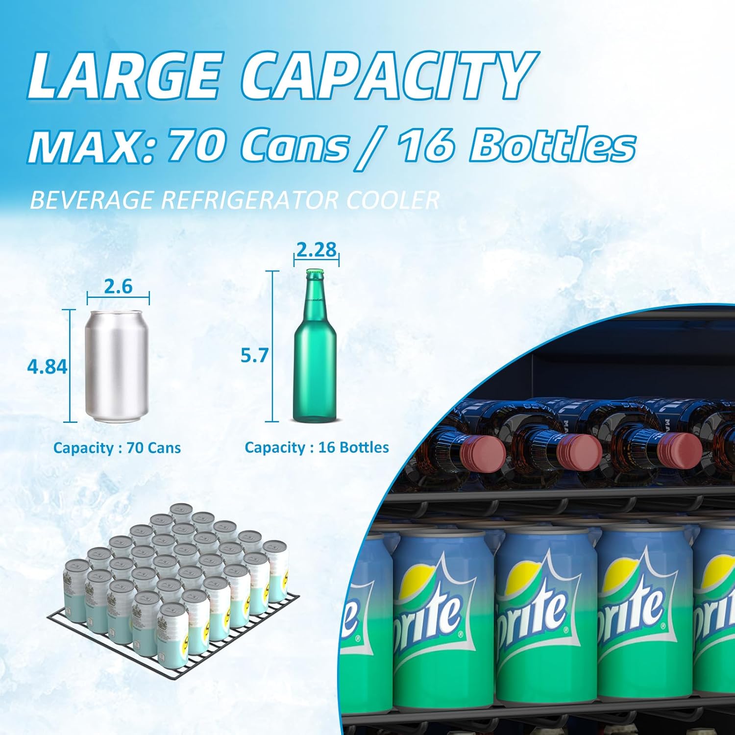 1.6 Cubic Feet Mini Fridge, 70 Can Freestanding Beverage Refrigerator with Glass Front Door for Soda, Beer Under Counter Small Refrigerator with Adjustable Shelves and Digital Display(Silver)