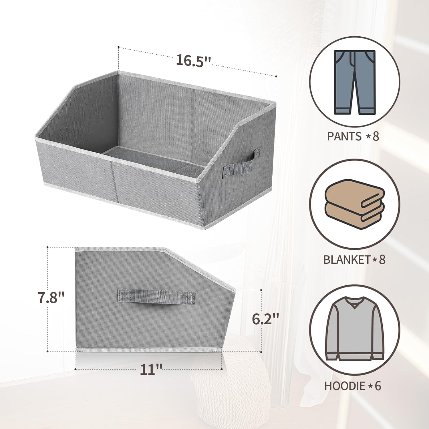Trapezoid Storage Baskets for Shelves - Large Fabric Baskets for Organizing, Foldable Storage Bin with Handles, Cube Storage Organizer Bins for Clothes, Blankets, 4 Pack, Grey