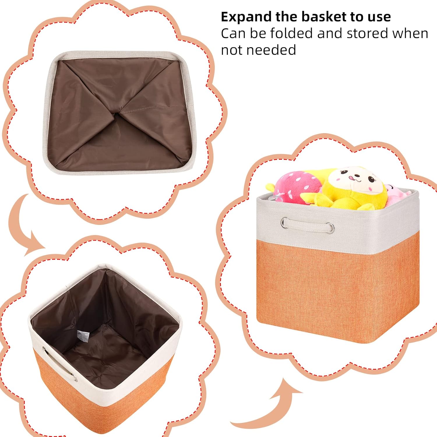 Fabric Cube Storage Boxes Foldable Storage Bins 13-Inch Orange and Beige Patchwork Storage Baskets Cube Storage Bins with Handle Cube Inserts Storage for Home and Office Supplies 3 Pcs/Pack, Sy-1