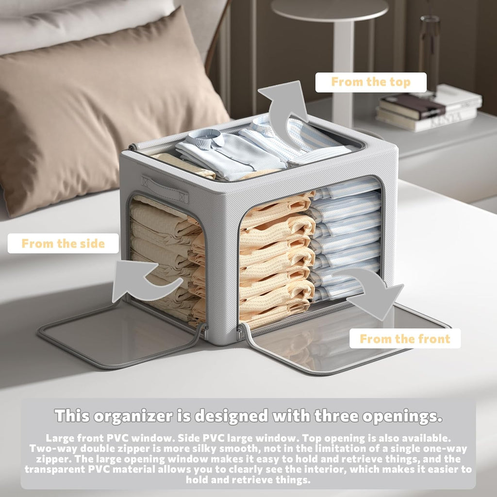 CYhom 3Pack Clothes Storage Bins - Oxford Frame Storage Box Foldable Stackable Storage Organizer with 3 Openings Design, Metal Frame, Clear Window, Carry Handles (36L-15.7 * 11.8 * 11.8in, Grey)