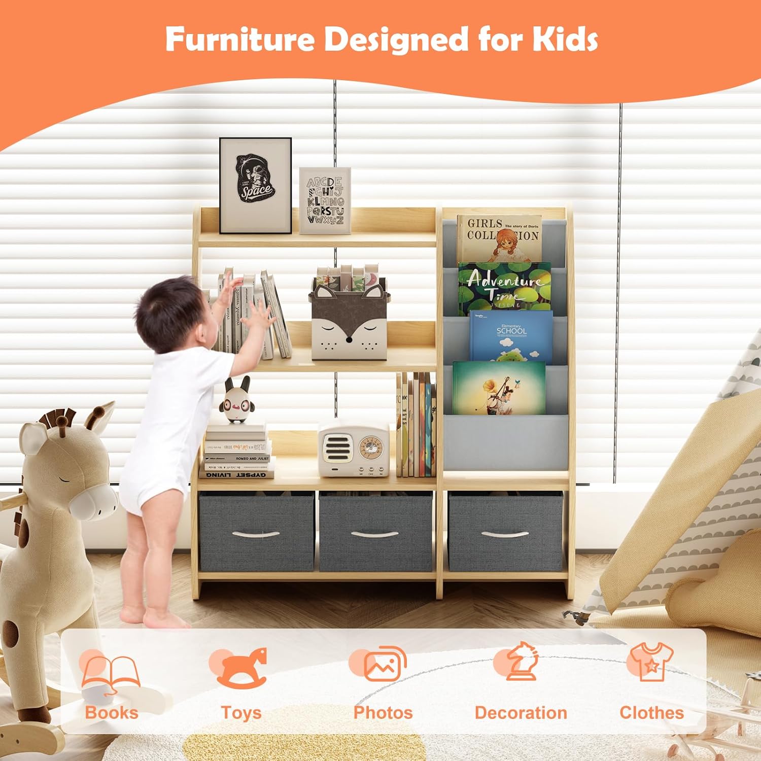 Kids Bookshelf Wood Toy Storage Organizer Cabinet Children Bookcase Toddler Baby Sling Book Rack 3 Cube Bins Sail Boat Arc Shape for Playroom Bedroom Nursery Classroom