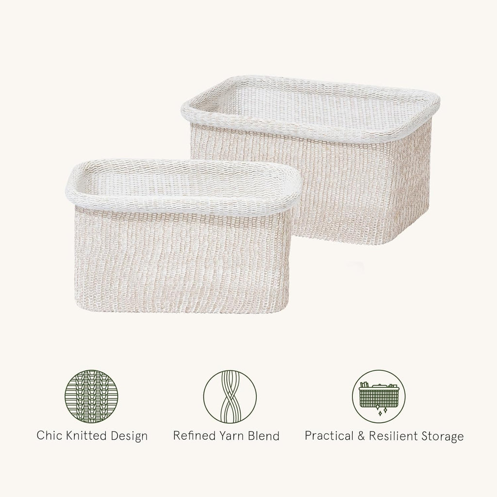 La Jolie Maison Blended Fabric Storage Baskets Set of 2, Rectangle Knitted Baskets for Organizing, Boho Decorative Baskets, Durable Finish, Oatmeal