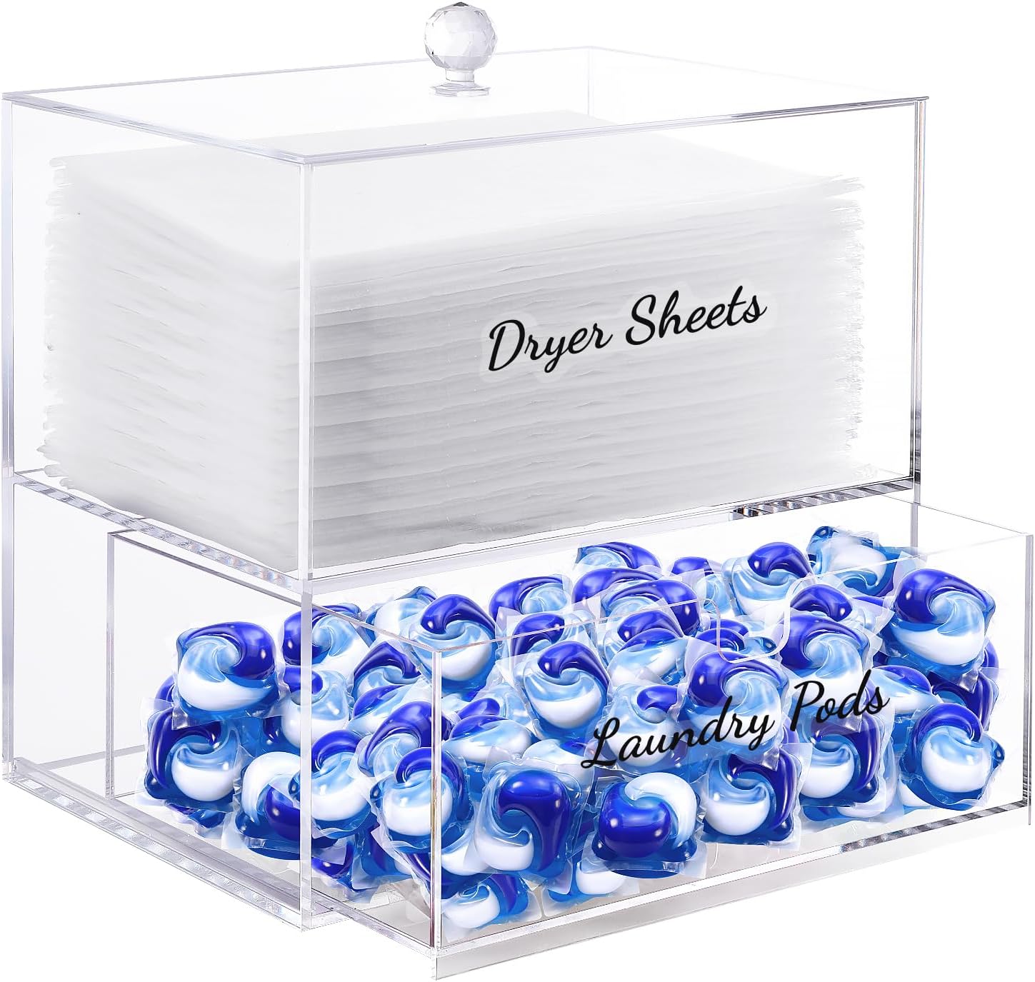 JYPS 1+1 Acrylic Dryer Sheet Holder with Drawer and Bamboo Lid, Clear Acrylic Large-Capacity Laundry Pods Container, Scent Boosters & Powder, Laundry Room Organization decor, Storage Jars Set