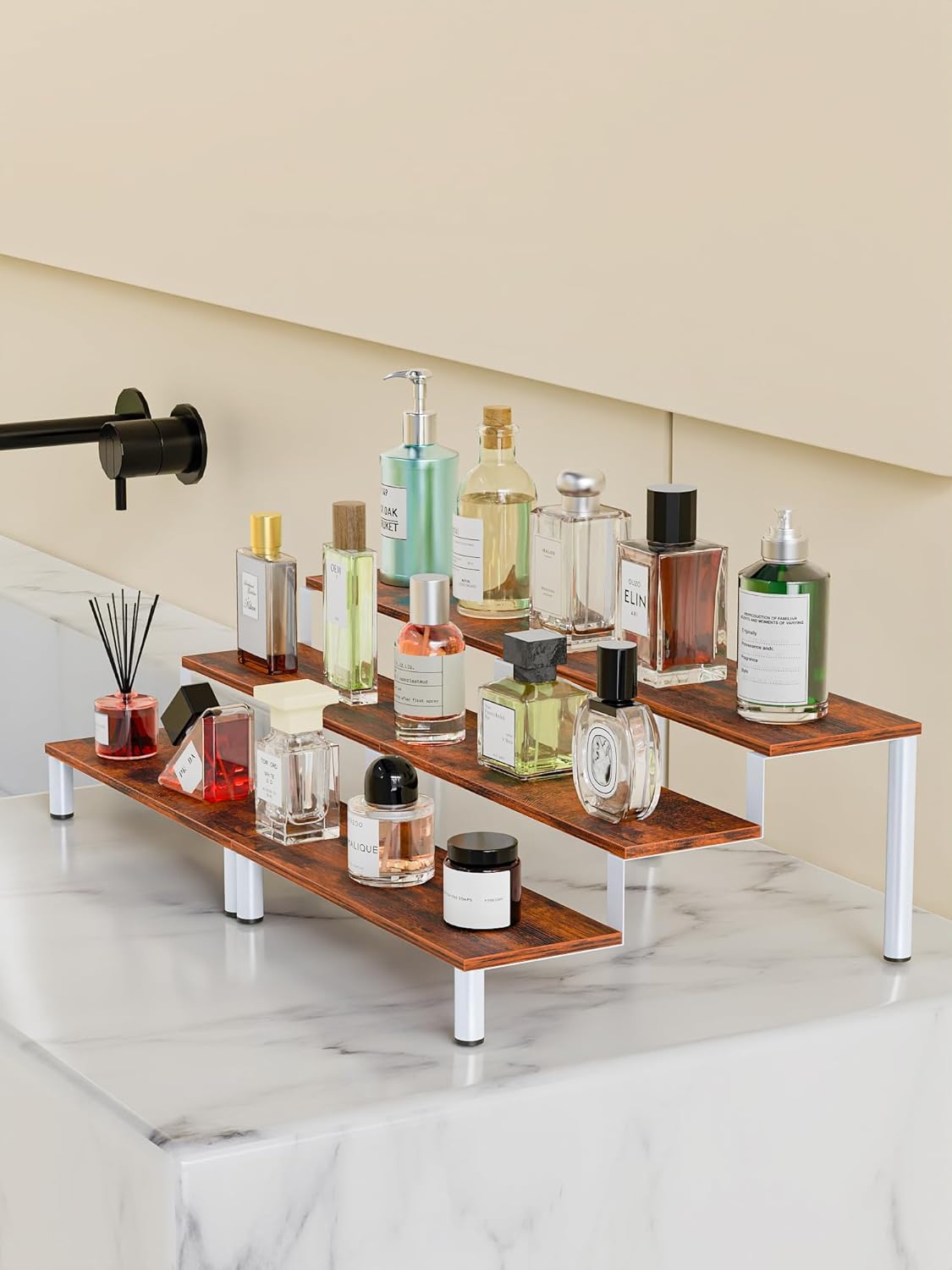 Wooden Display Stand Riser, 3 Tier Perfume Organizer Stand Cupcake Stand Holder, Tiered Display Stand Risers Display Shelf for Home and Shop (White, 4 pcs)