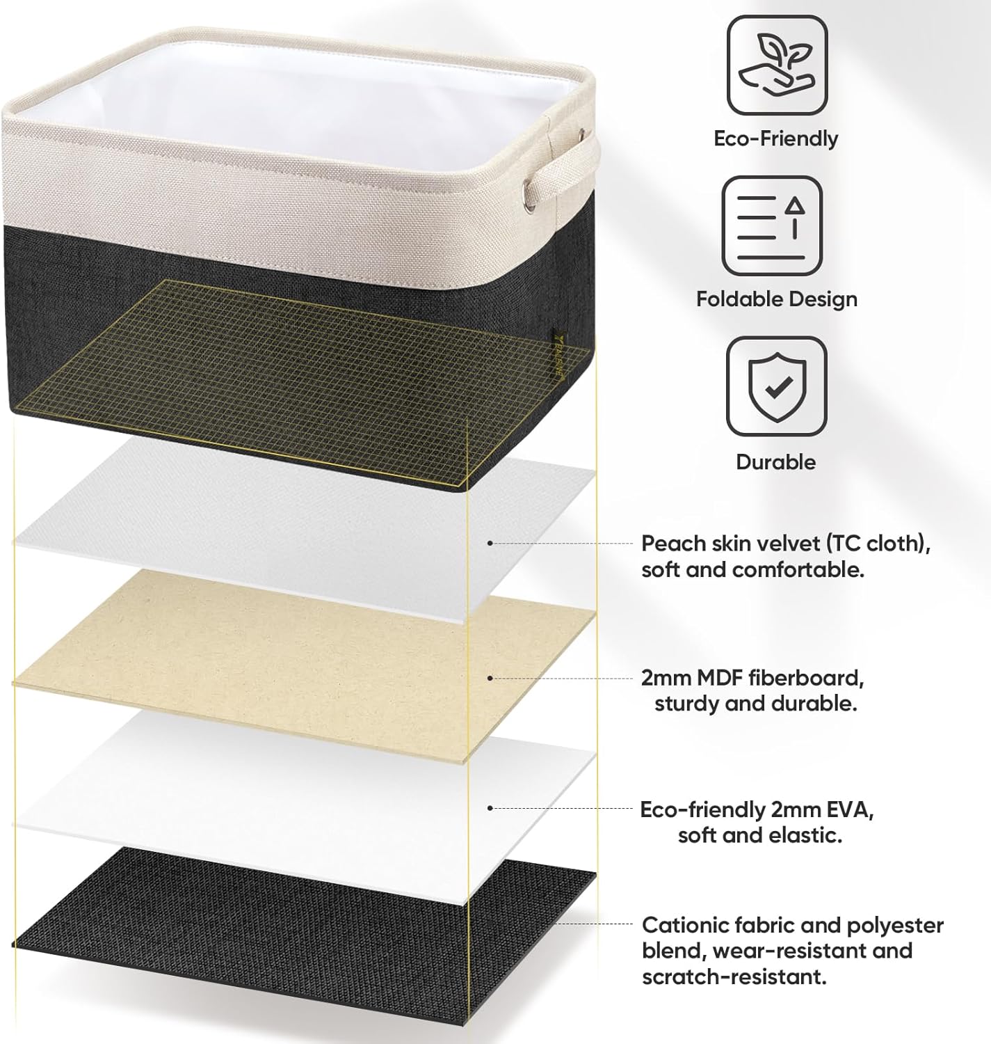 BALEINE 1 Pack Fabric Storage Bins for Shelves, Linen Storage Baskets for Organizing, Decorative Closet Bins for Clothes, Home (Black, 15''x11''x9.5'')