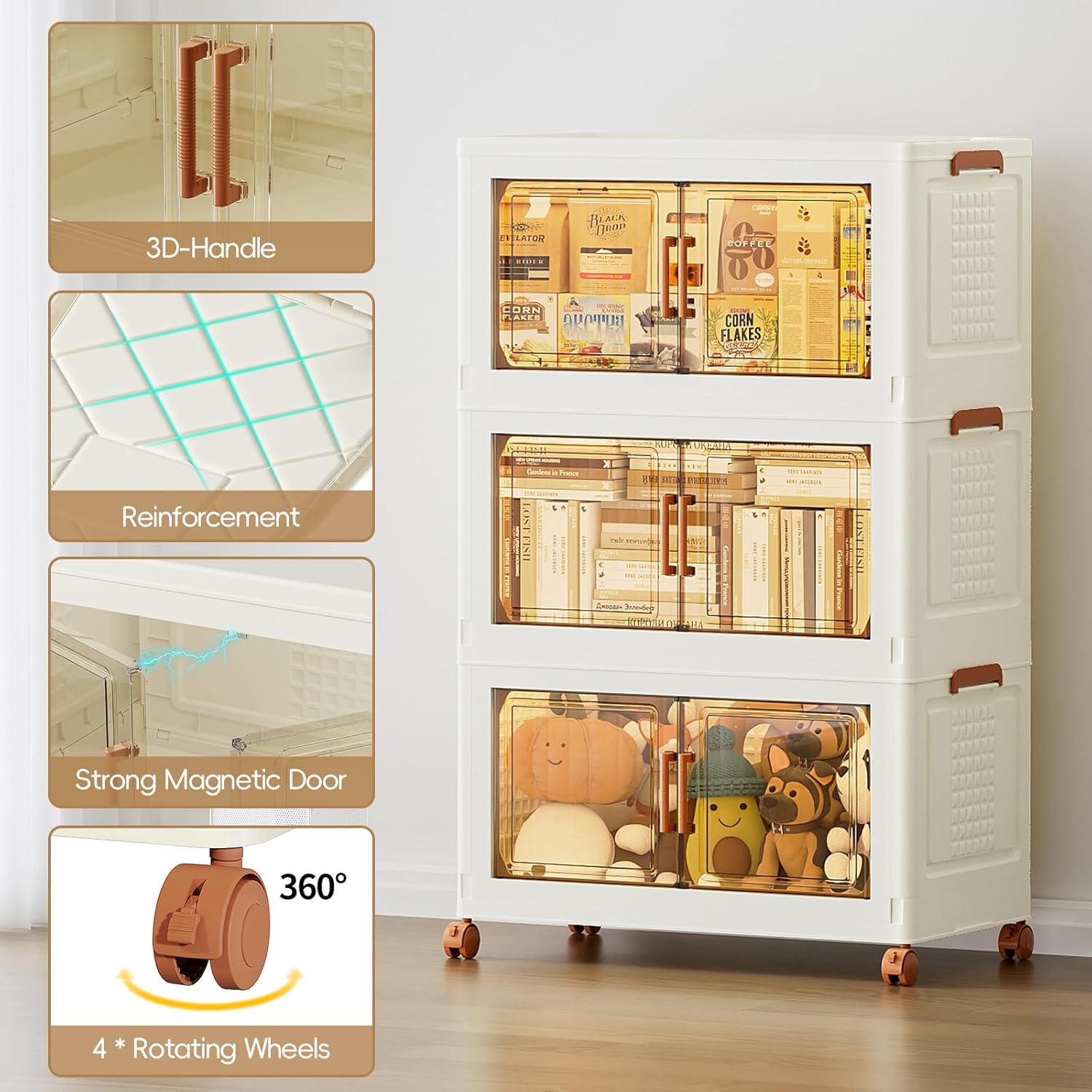 JEKO&JEKO 648 Qt Plastic Storage Bins with Lids, Doors & Wheels, 6 Pack Extra Large Stackable Collapsible Storage Cabinets and Closet Organizers for Home Office, Cream