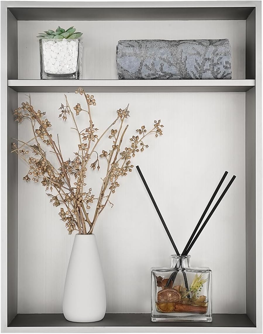 JQK Shower Niche No Tile Need, 18"×14" Brushed Nickel Bathroom Insert Shelf 2 Layer, 304 Stainless Steel Recessed Shower Caddy Organizer Storage, SNL1814D-BN