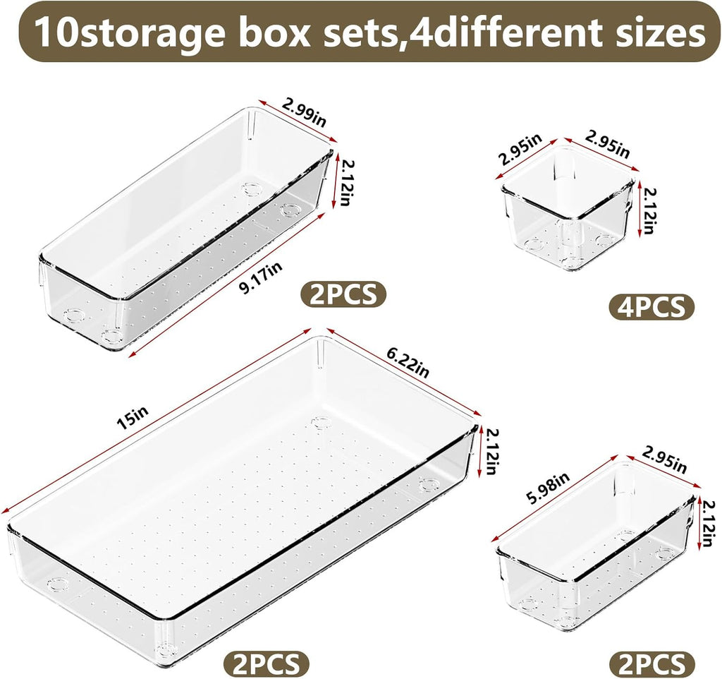 10 PCS Clear Plastic Drawer Organizer Set, 4 Sizes Acrylic Drawer Storage Trays Non Slip Storage Bins for Makeup, Jewelry, Gadgets for Kitchen, Bedroom, Bathroom, Office