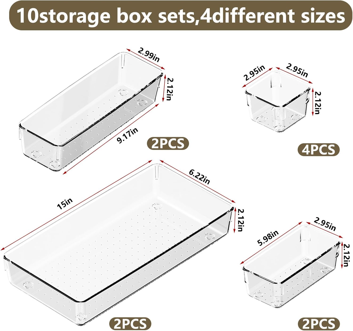 10 PCS Clear Plastic Drawer Organizer Set, 4 Sizes Acrylic Drawer Storage Trays Non Slip Storage Bins for Makeup, Jewelry, Gadgets for Kitchen, Bedroom, Bathroom, Office