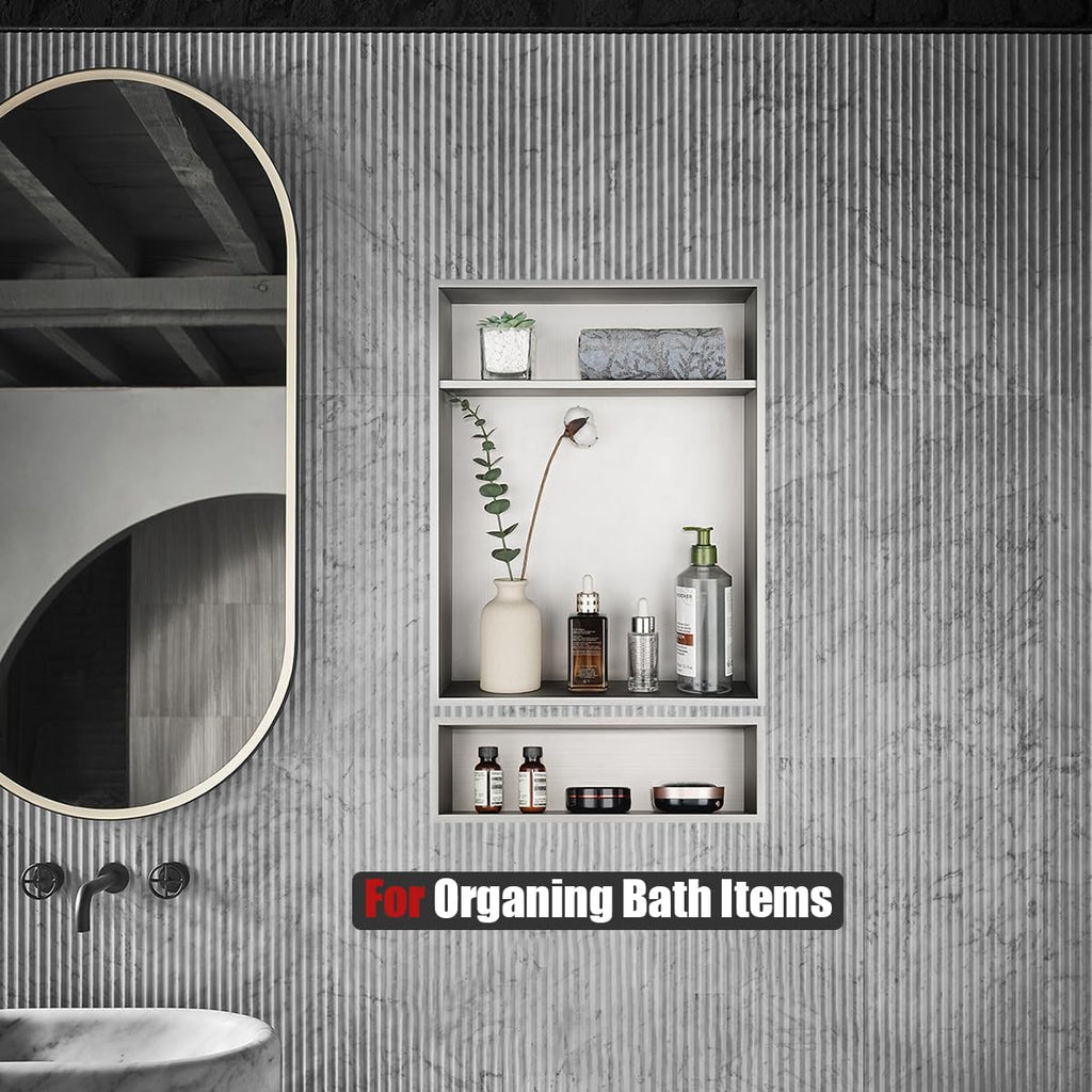 JQK Shower Niche No Tile Need, 18"×14" Brushed Nickel Bathroom Insert Shelf 2 Layer, 304 Stainless Steel Recessed Shower Caddy Organizer Storage, SNL1814D-BN