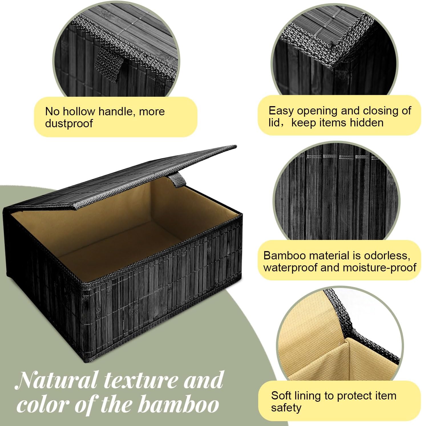 Wicker Basket With Lid Bamboo Storage Box for Shelf Bamboo Decor Storage Boxes With Lids-Rectangle Decorative Basket With Lid Organizer for Bedroom,Living Room (Set of 4,black)