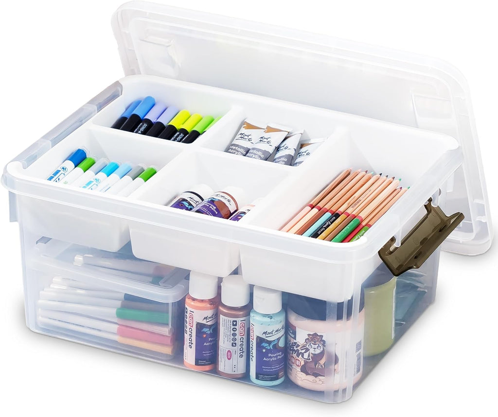 17 Quart Plastic Storage Box with Removable Tray Caddy Clear Art Supply Craft Organizers Playroom Container Organizer with Lid for Bead Crayon Tool Sewing Playdoh