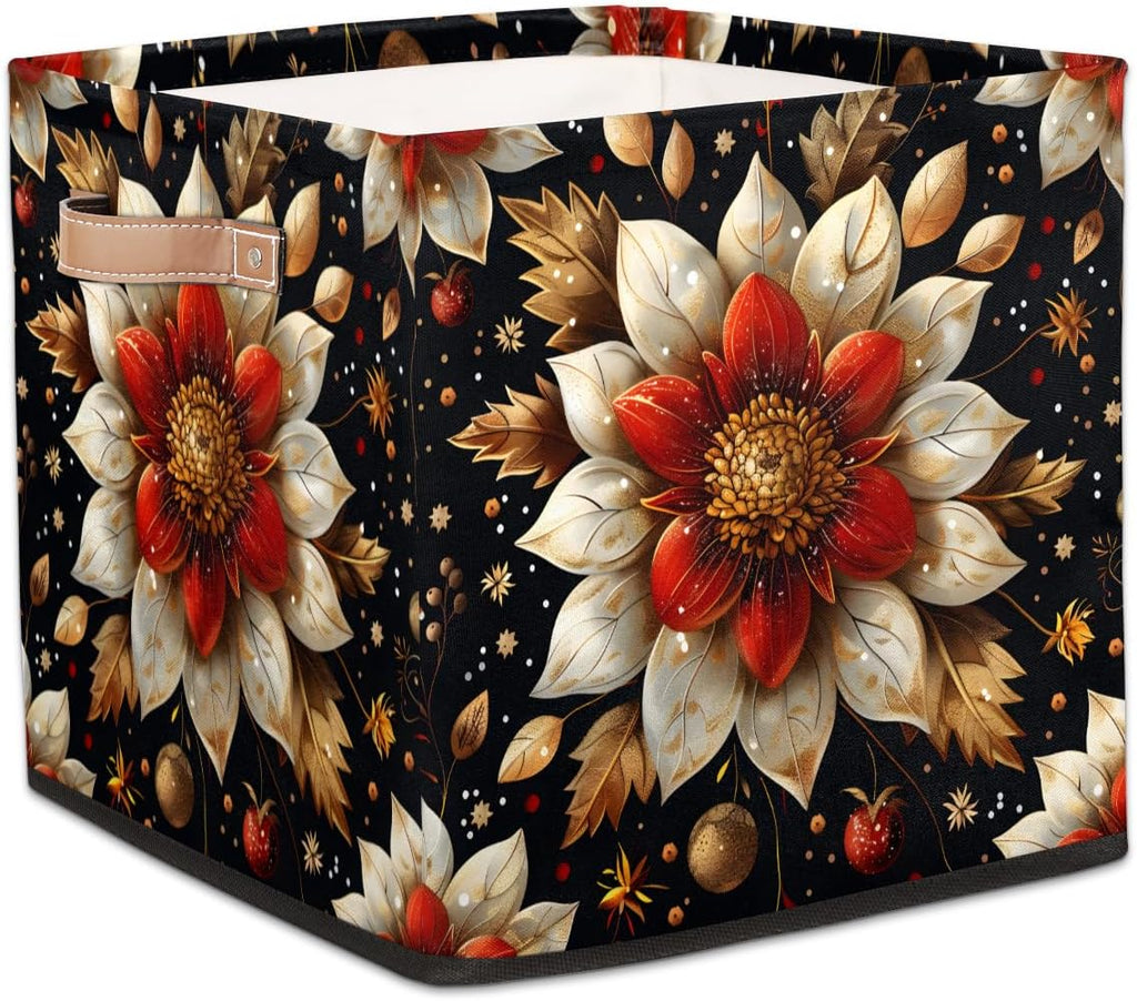 TropicalLife 13x13x13 Inch Large Fabric Storage Cube Flowers Foldable Storage Bin with Handles Organizer Boxes Cube Basket for Shelves Organizing Closet
