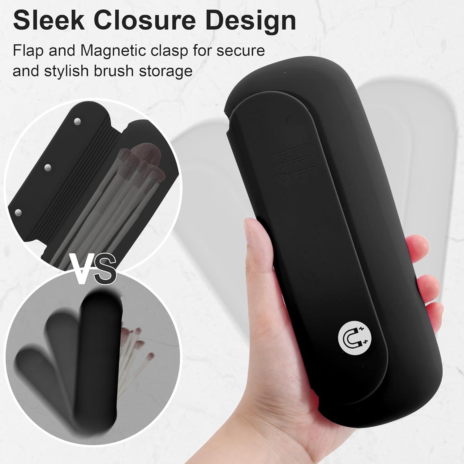 Silicone Travel Makeup Brush Holder for Women with Magnetic Closure and Built-in Brush Cleaner, Washable Cosmetic Organizer, Gift-Ready Pouch, Black