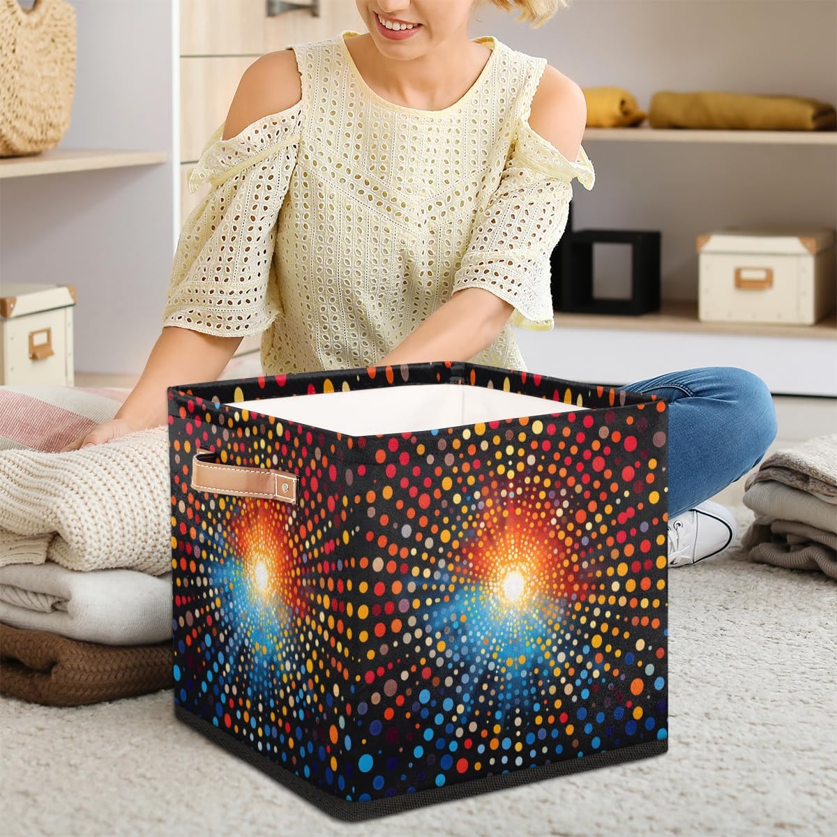 TropicalLife 13x13x13 Inch Large Fabric Storage Cube Colorful Polka Dots Foldable Storage Bin with Handles Organizer Boxes Cube Basket for Shelves Organizing Closet