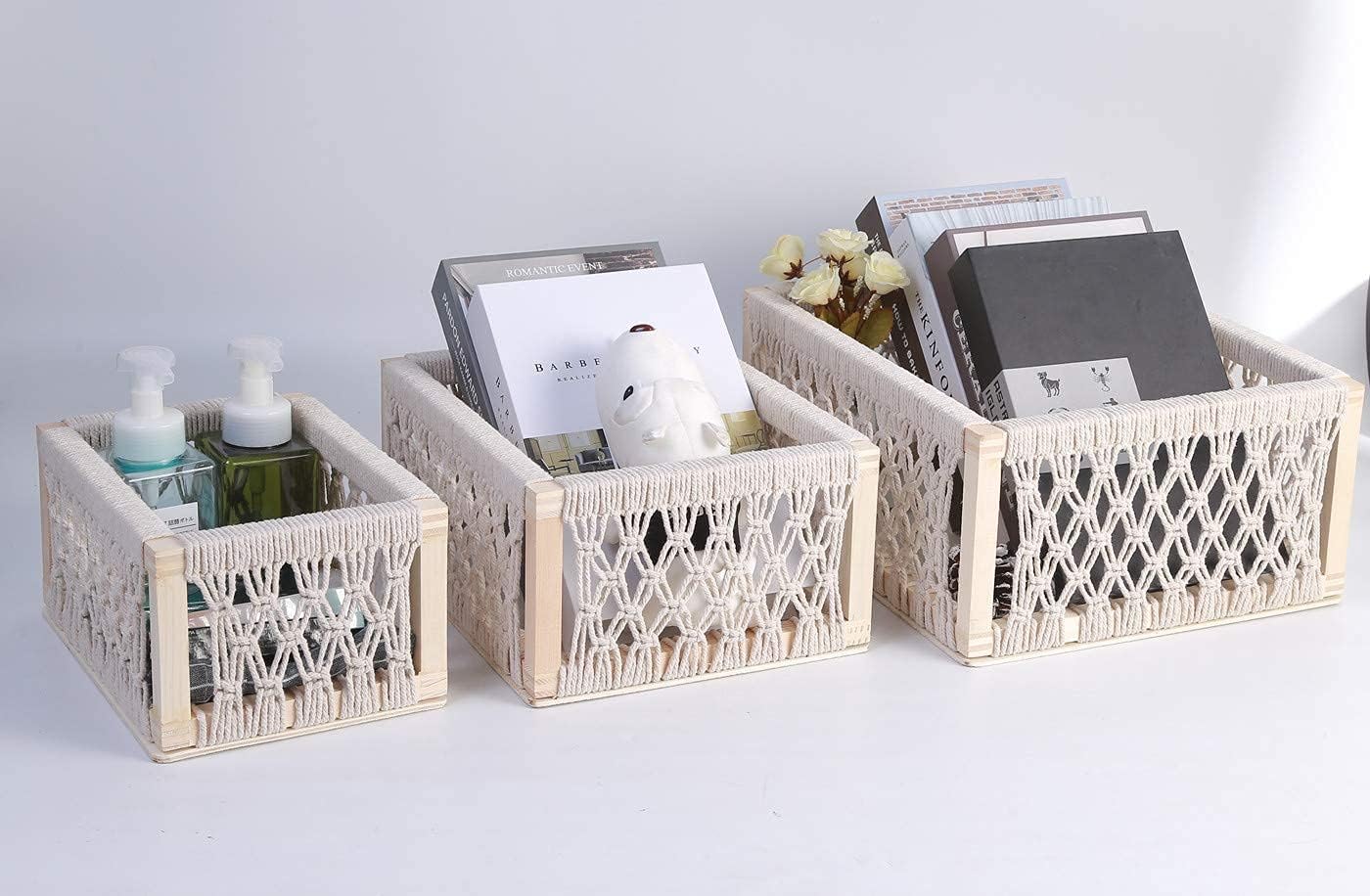 Macrame Baskets for Storage Set of 3, White Decorative Storage Bin for Living Room, Perfect Pampas Grass Holder