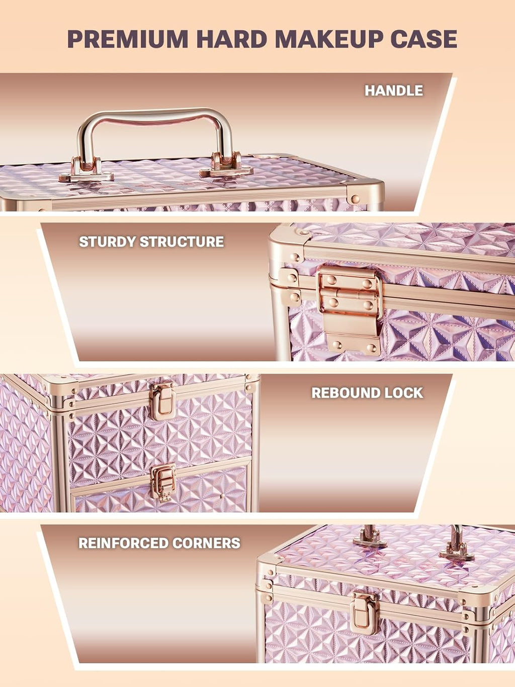 Qislee Makeup Box with Drawer and A Detachable Lighted Mirror, Waterproof Travel Train Case, Cosmetic Organizer and Makeup Suitcase with Adjustable Dividers, Magnetic LED Mirror (Sparkling Pink)