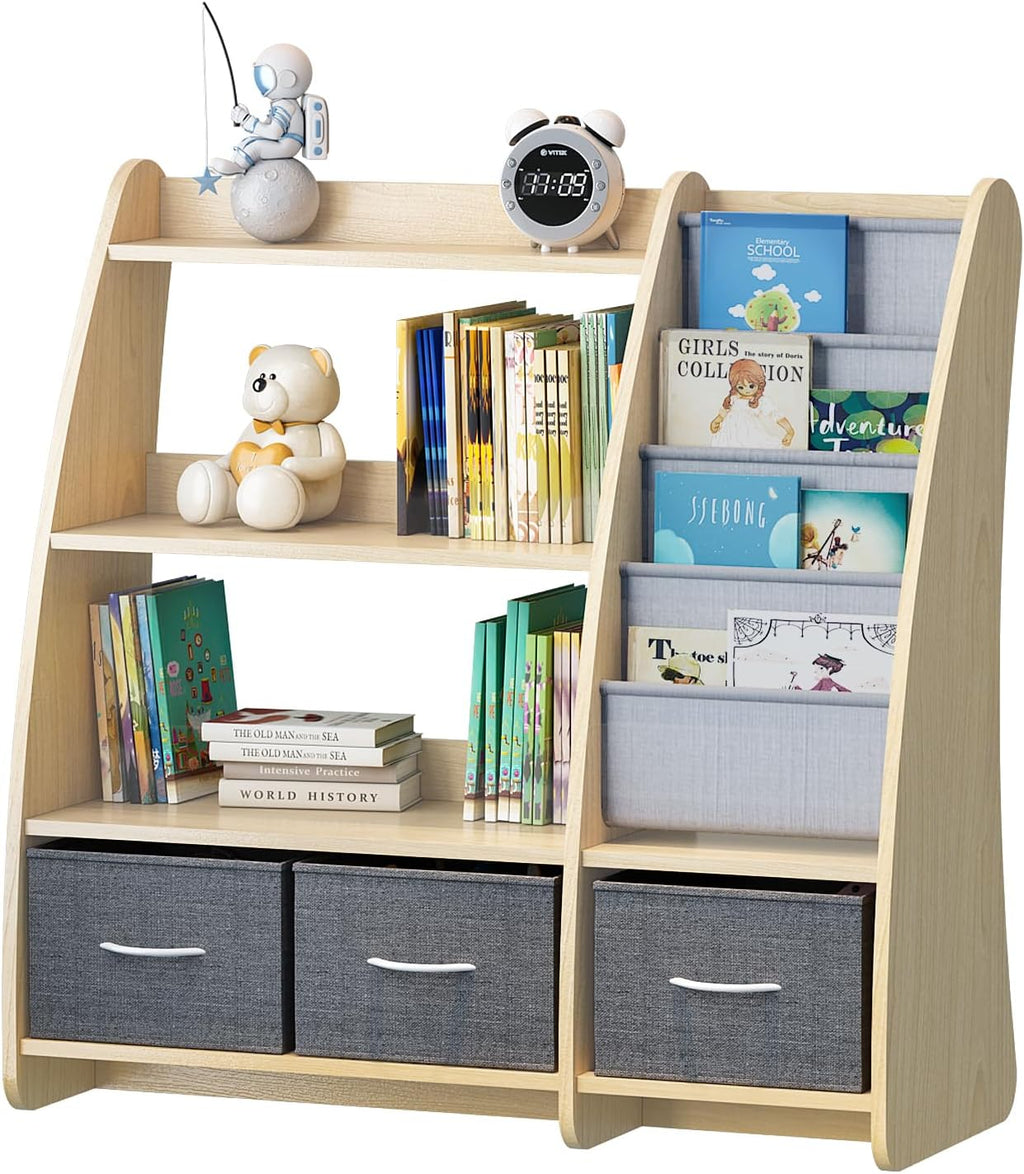 Kids Bookshelf Wood Toy Storage Organizer Cabinet Children Bookcase Toddler Baby Sling Book Rack 3 Cube Bins Sail Boat Arc Shape for Playroom Bedroom Nursery Classroom