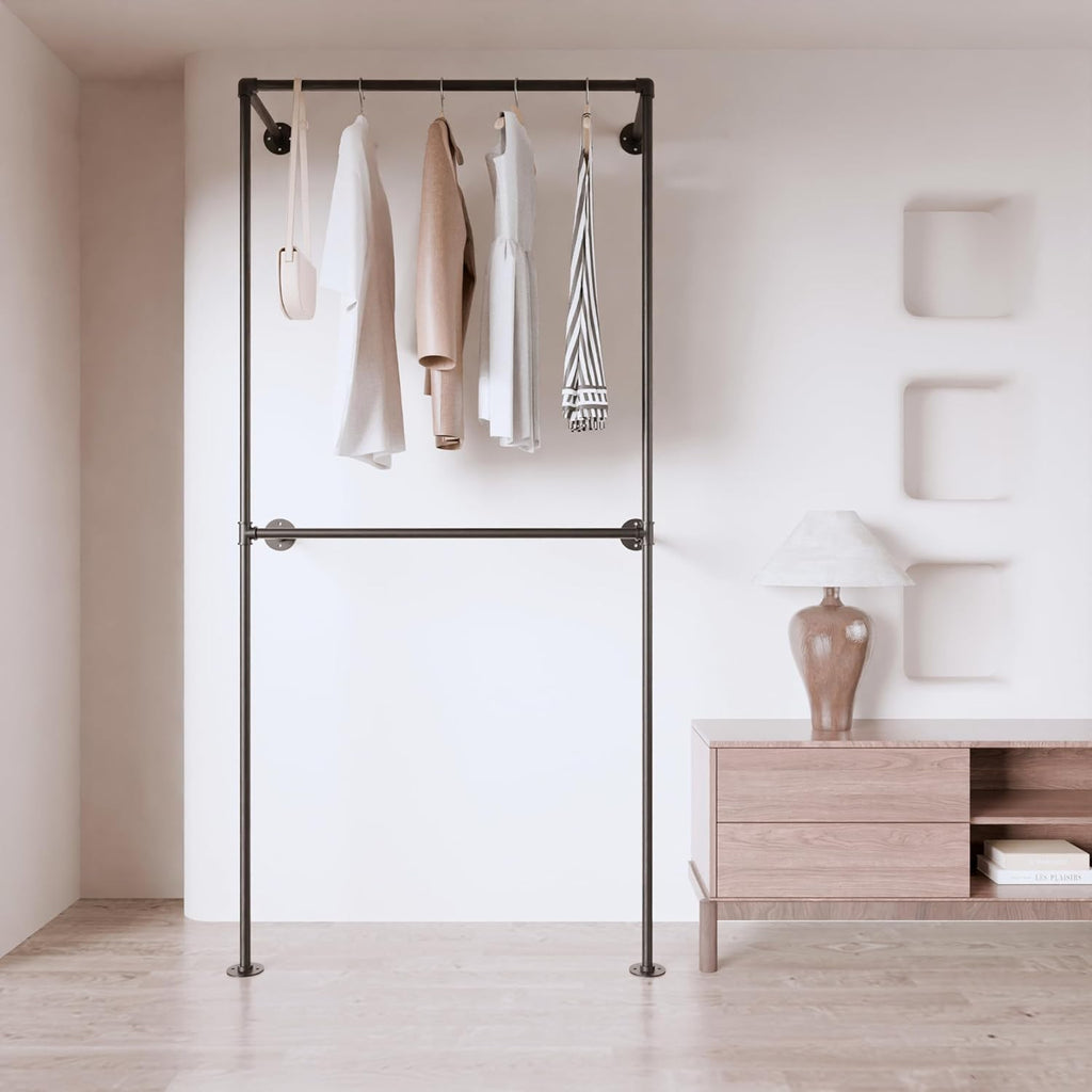 Industrial Pipe Clothing Rack, Heavy Duty Wall Mounted Clothes Rack,Retail Display Hanging Garment Rod for Laundry Room, Closet Storage - 14.6x37.4x82.7 Inches, Model K01