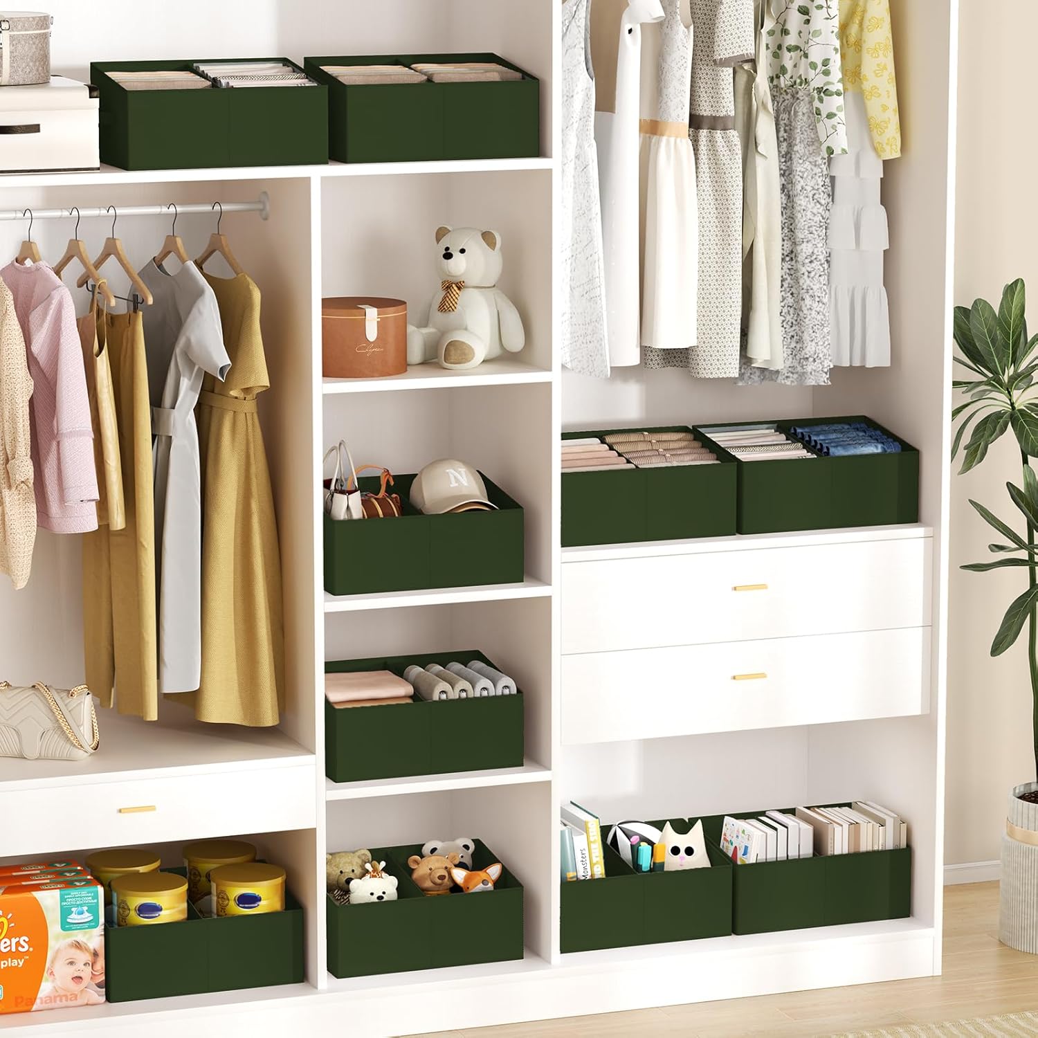 DIMJ Large Closet Shelf Organizer Bins 6 Packs with Handles and Divider, Fabric Trapezoid Storage Baskets, Foldable Clothes Containers Box for Shelf, Towel, Book, Toy, Purse, Hats, Green