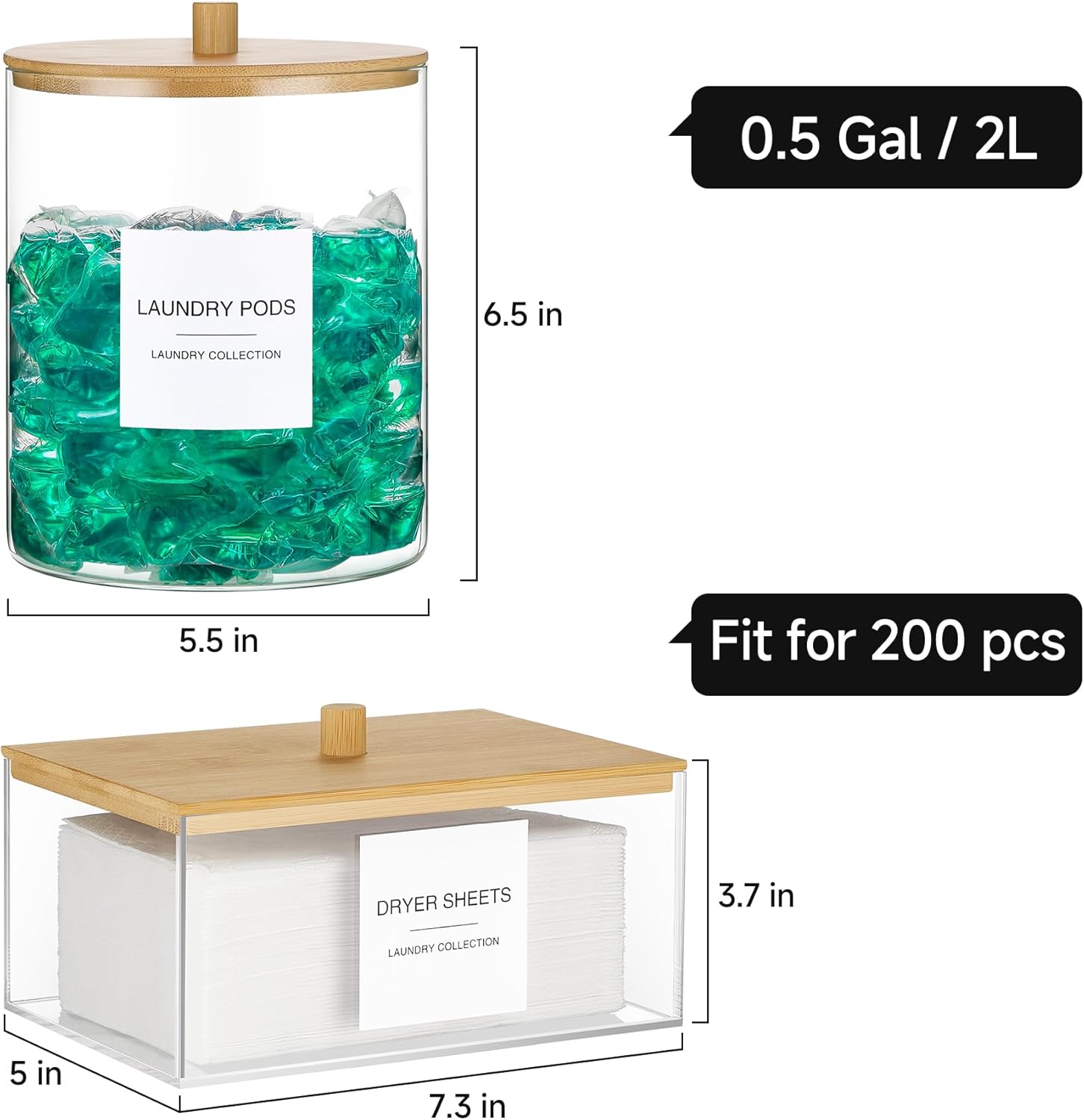 Glass Jars and Acrylic Dryer Sheet Holder, Laundry Pods Container with Bamboo Lid and 27 Labels, Powder Detergent Containers for Laundry Room Organization, Storage Jars Set (3 Pack)