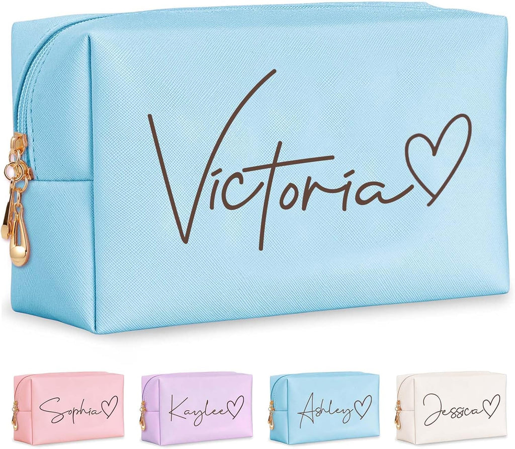 Personalized Makeup Bag with Name & Birth Flower, Custom Leather Cosmetic Bags for Women, Customized Travel Toiletry Bag Gifts for Bridesmaid Wedding