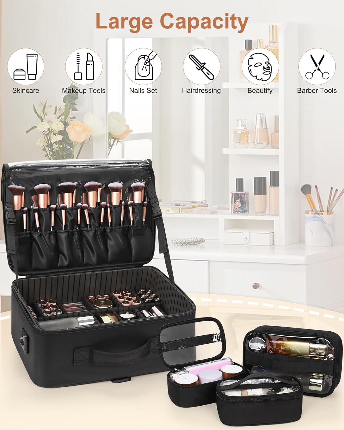 Relavel Large Makeup Bag with 3 Removable Pouches, Travel Train Case Cosmetic Organizer Carrying Box for Makeup Artists Hairstylist with Adjustable Dividers, Brush Holder and Shoulder Strap, Black
