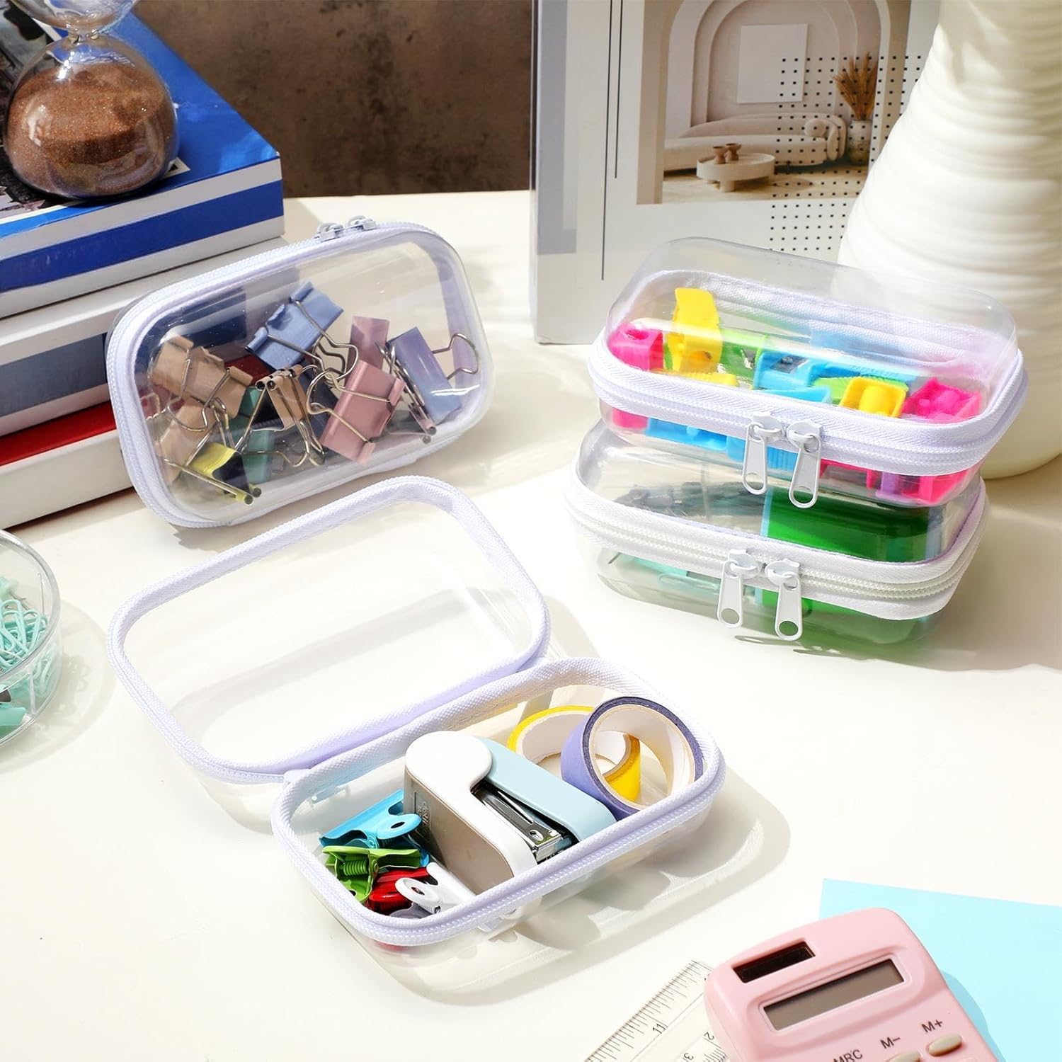 Hoolerry 4 Pcs Hard Clear Zipper Case Makeup Bags Plastic Pencil Pouch Transparent Storage Box Containers for Cosmetics, Snacks, Building Blocks, Puzzles(White,5 x 3 x 2 in)