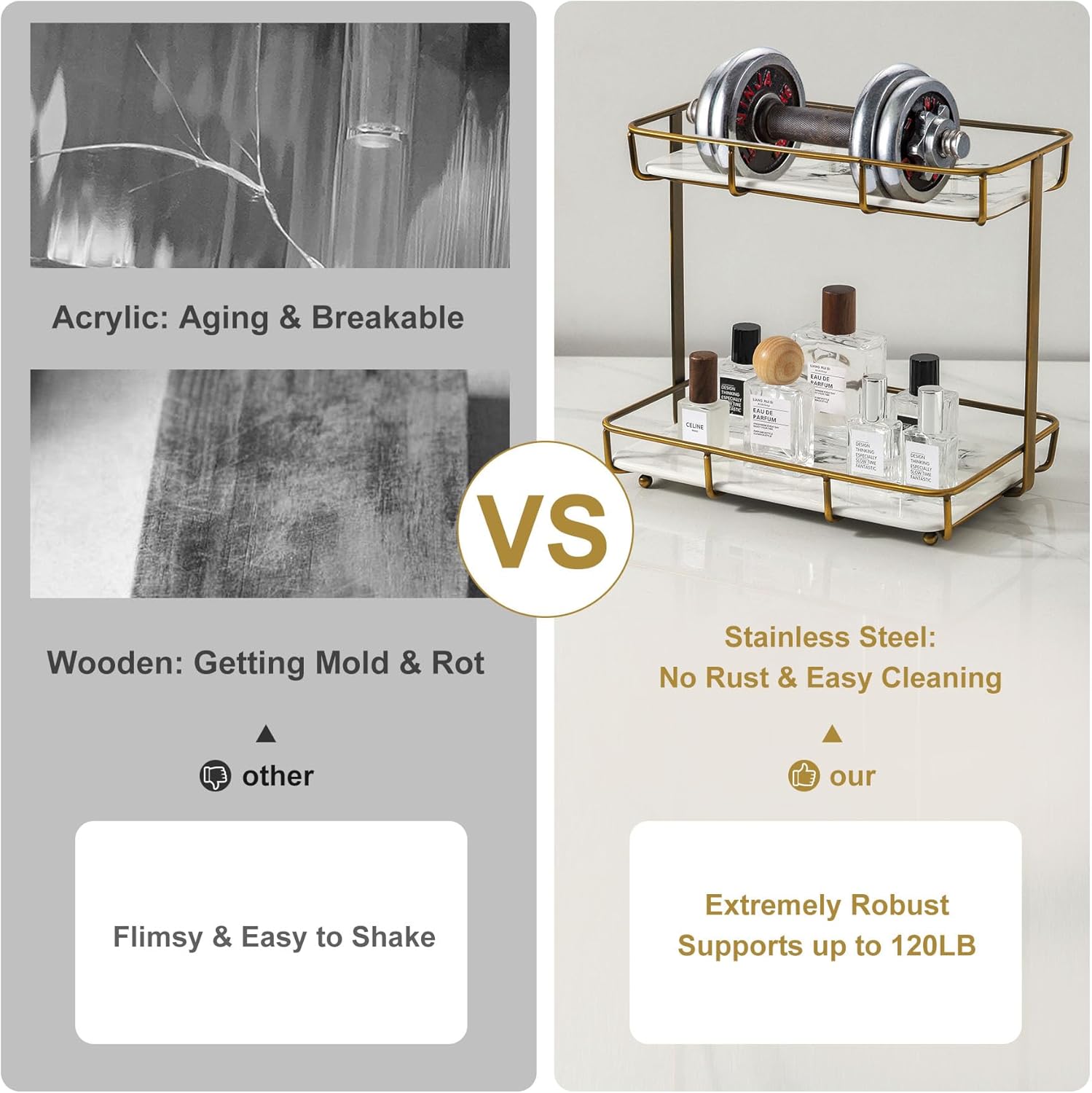 Bathroom Organizer Countertop Perfume Organizer Makeup Organizer Cosmetics Storage Display Rack Vanity Tray Dresser Stainless Steel Gold Shelf White Marble Ceramic Tray