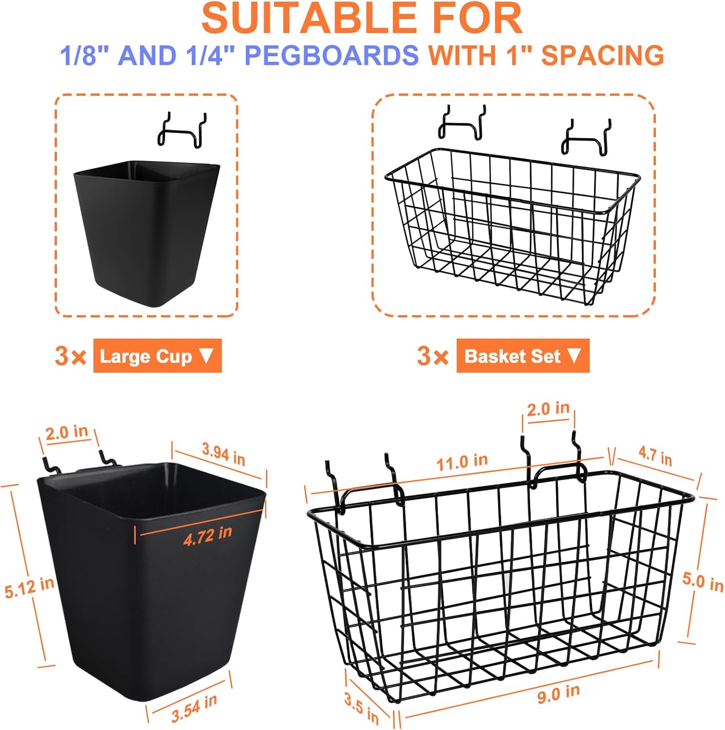 Pegboard Basket Organizers, Peg Board Large Baskets Hooks Bins Cups Tool Organizer 6 Pack Set, Wall Storage Display Hanging Accessories for Craft Office Stadio Shed Garage Organization (Black & Black)
