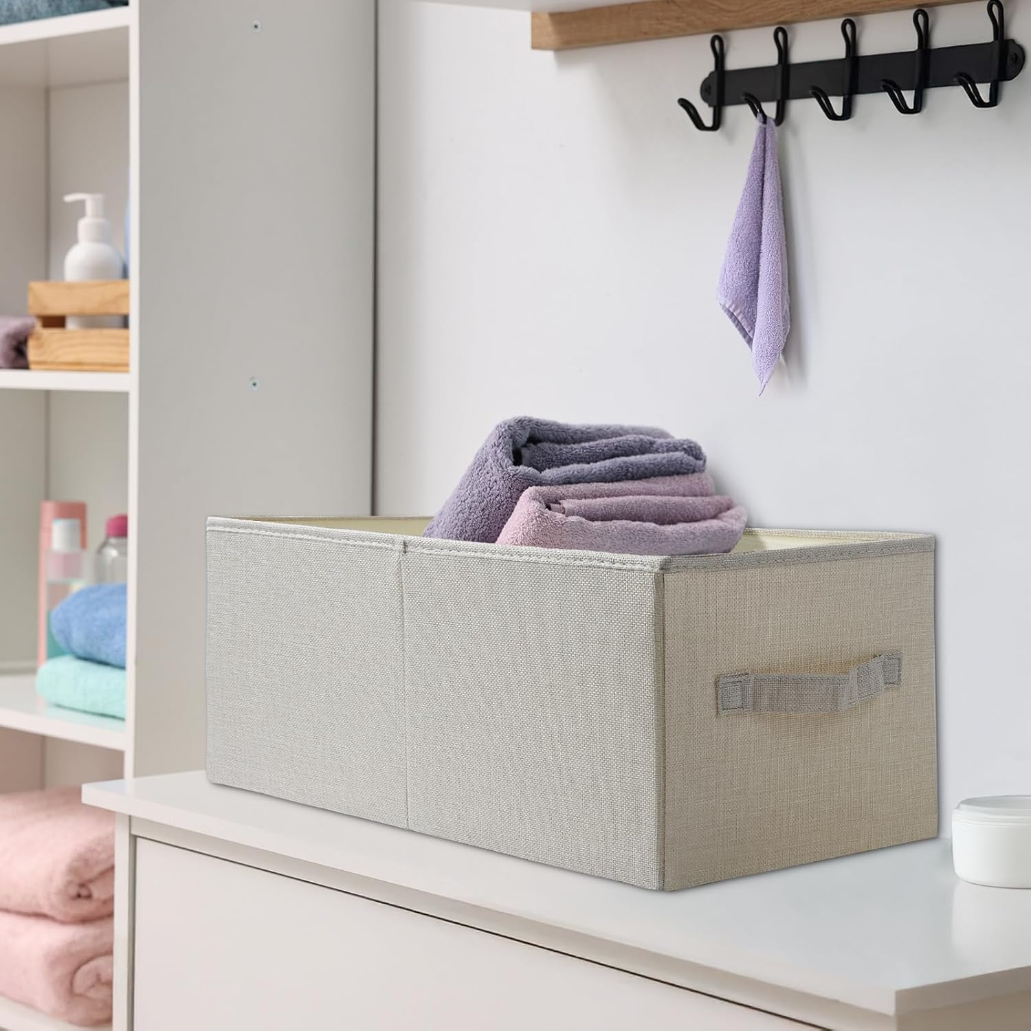 3 Pack Linen Storage Baskets with Handle,Large Foldable Closet Storage Bins for Shelves,Toys,Sheets,Clothes,18"×11"×8",Beige