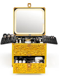 Qislee Makeup Box with Drawer and A Detachable Lighted Mirror, Waterproof Travel Train Case, Cosmetic Organizer and Makeup Suitcase with Adjustable Dividers, Magnetic LED Mirror (Luxury Gold)