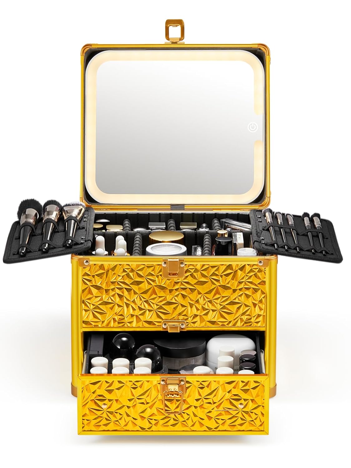 Qislee Makeup Box with Drawer and A Detachable Lighted Mirror, Waterproof Travel Train Case, Cosmetic Organizer and Makeup Suitcase with Adjustable Dividers, Magnetic LED Mirror (Luxury Gold)