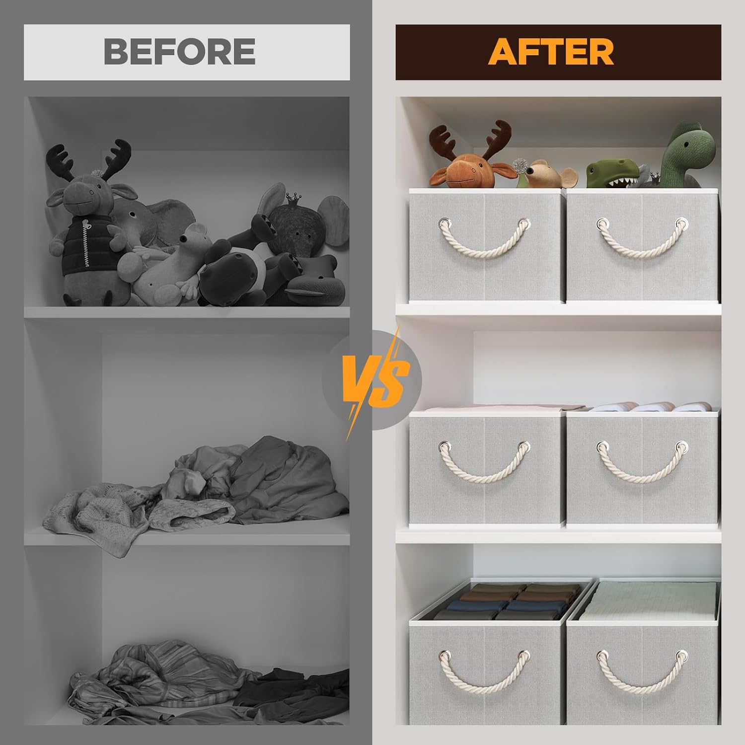 Closet Storage Bins, Linen Closet Organizers and Storage Basket for Shelves, Collapsible Shelf Baskets for Organizing Shelves, Bedroom Clothes Basket, Gray, 6 Pack