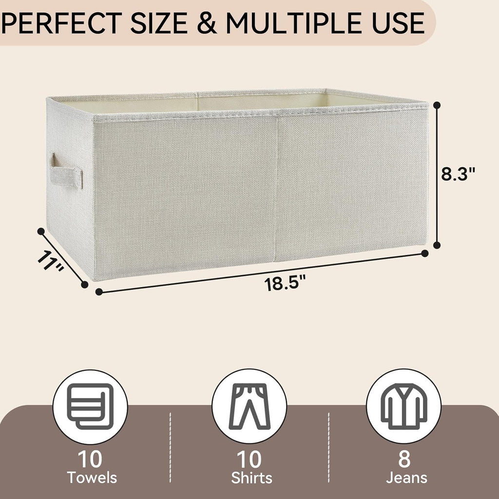 3 Pack Linen Storage Baskets with Handle,Large Foldable Closet Storage Bins for Shelves,Toys,Sheets,Clothes,18"×11"×8",Beige