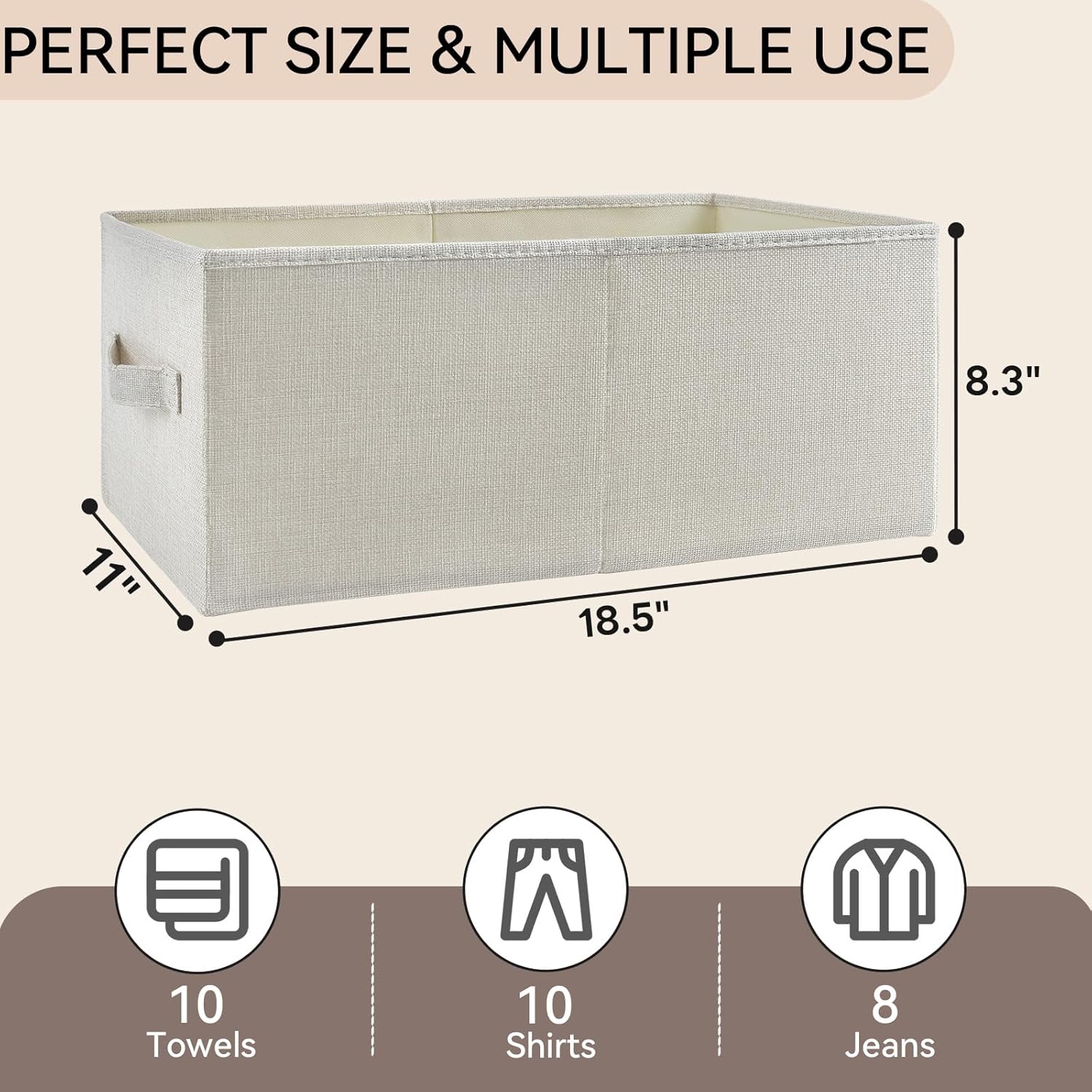 3 Pack Linen Storage Baskets with Handle,Large Foldable Closet Storage Bins for Shelves,Toys,Sheets,Clothes,18"×11"×8",Beige