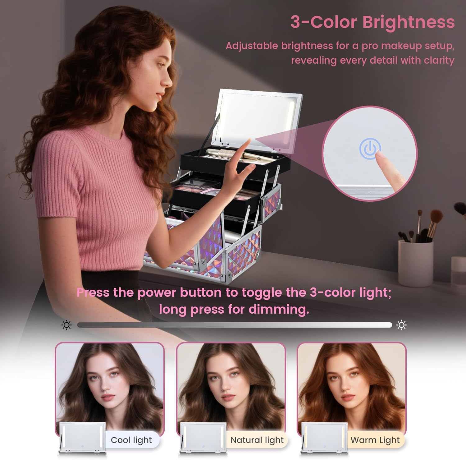 Makeup Case with Lighted Mirror Travel Makeup Organizer Box 2 Trays Lockable Cosmetic Train Case with LED Mirror for Make Up Nail Kits Sewing Vanity Storage Case Glossy Pink