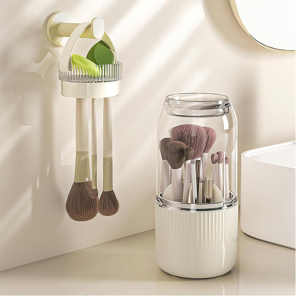 360° Rotating Makeup Brush Holder Organizer,Makeup Brush Holder with Cleaning and Drying Function,Cosmetic Display Case with Cover,Makeup Organizer for Vanity,Desktop,Bathroom(Cream)