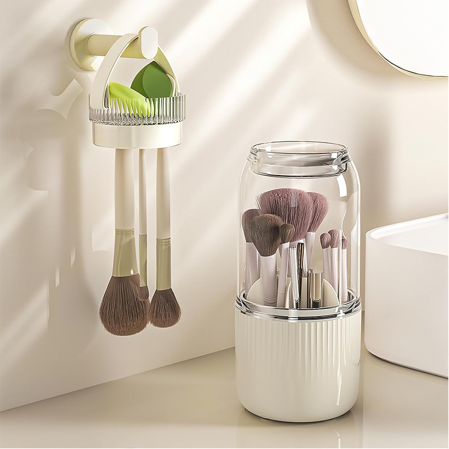 360° Rotating Makeup Brush Holder Organizer,Makeup Brush Holder with Cleaning and Drying Function,Cosmetic Display Case with Cover,Makeup Organizer for Vanity,Desktop,Bathroom(Cream)