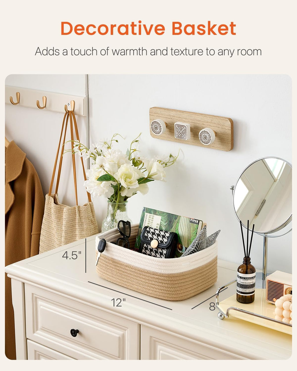 Small Woven Basket, 12 x 8 x 4.5 Inches, Storage Basket for Organizing, Cute Small Rope Shelf Closet Cube Storage Bins Baskets for Shelves, Dog Toy Gift Baskets Empty, 3 Pack White & Brown