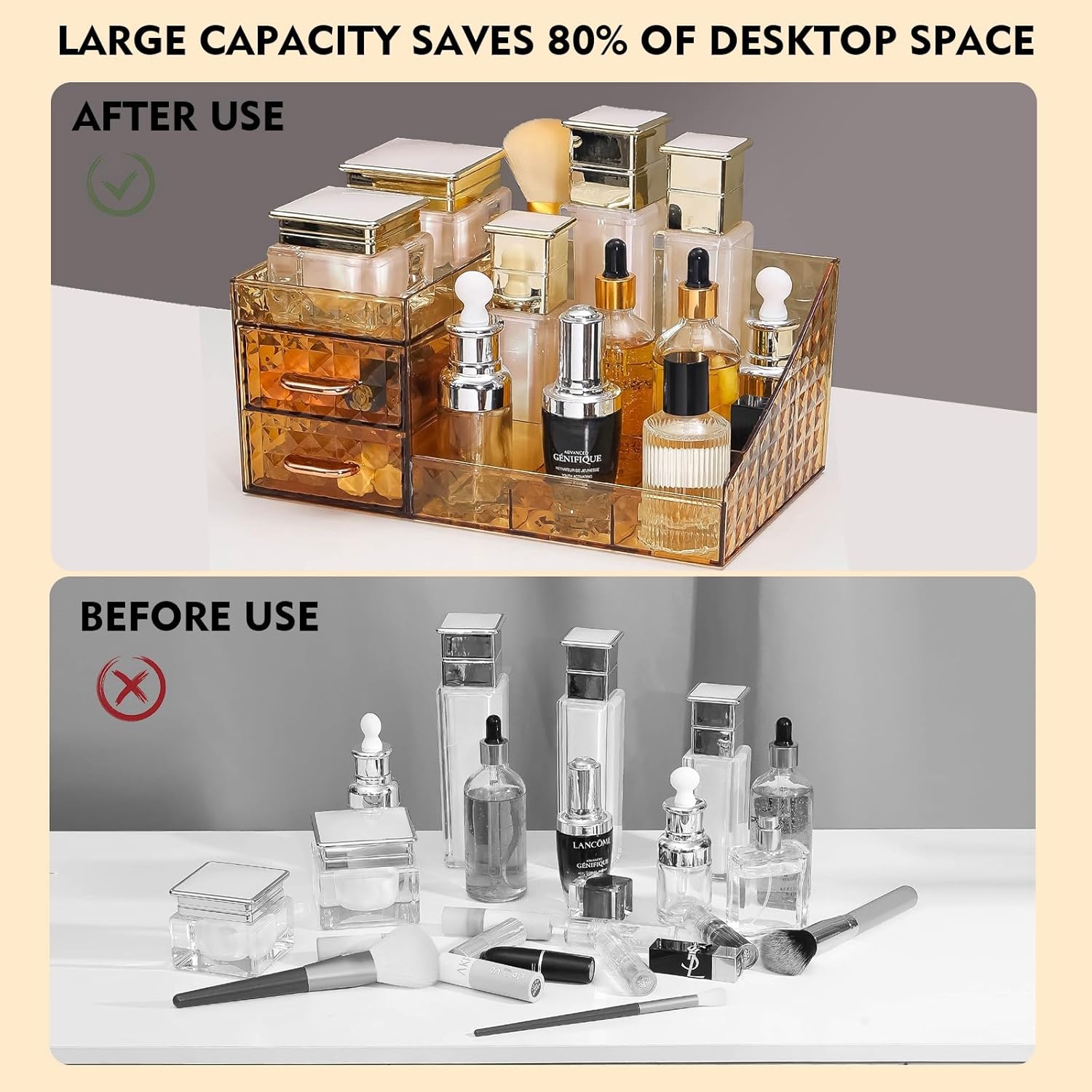 Clear Makeup Organizer for Vanity,Desk Makeup Caddy With Drawers for Cosmetics,Lipsticks Nail Care Skincare Jewelry Countertop Organizers,Cosmetic Display Cases for Bathroom, Dresser (Amber)