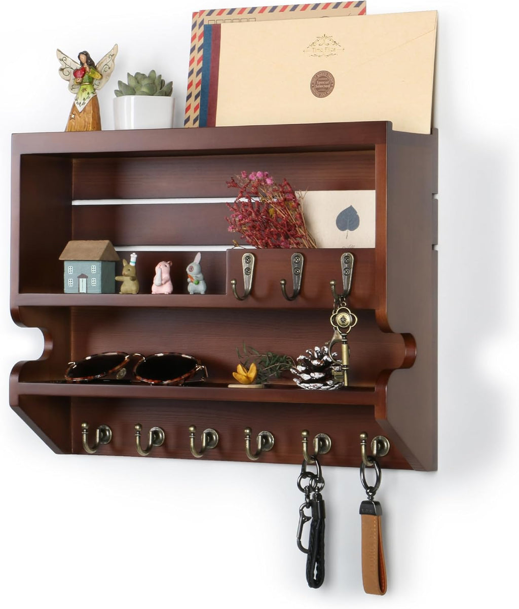 Innovation Key Holder for Wall, Mail Organizer with Key Hooks, Keys Holder on Wall, Walnut