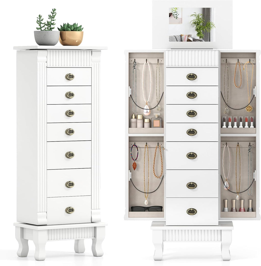 Giantex Standing Jewelry Cabinet with 7 Drawers, Flip-Top Mirror, 2 Side Doors with 12 Necklace Hooks, Divided Ring Compartments, Velvet-Lined Jewelry Armoire Organizer Chest (White)