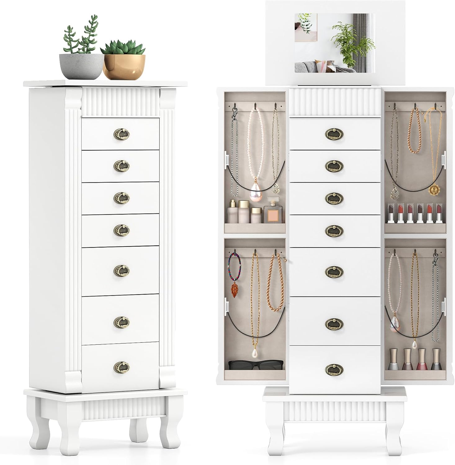 Giantex Standing Jewelry Cabinet with 7 Drawers, Flip-Top Mirror, 2 Side Doors with 12 Necklace Hooks, Divided Ring Compartments, Velvet-Lined Jewelry Armoire Organizer Chest (White)