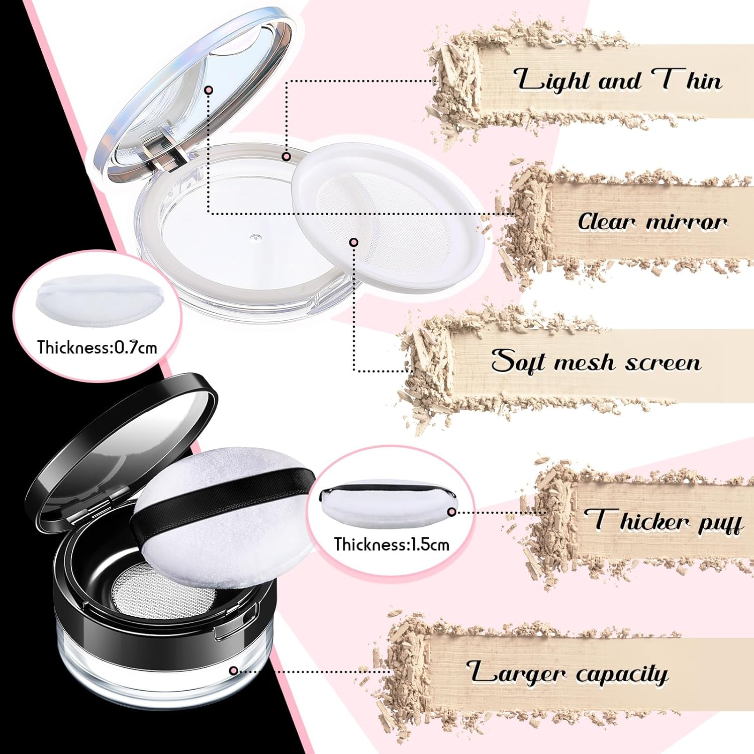 Cunhill 2 Pcs Loose Powder Container with Puff 0.17/0.7 oz Reusable Plastic Empty Case Portable DIY Makeup Powder Container Compact Case with Mirror and Net Sifter(Neon,Black)