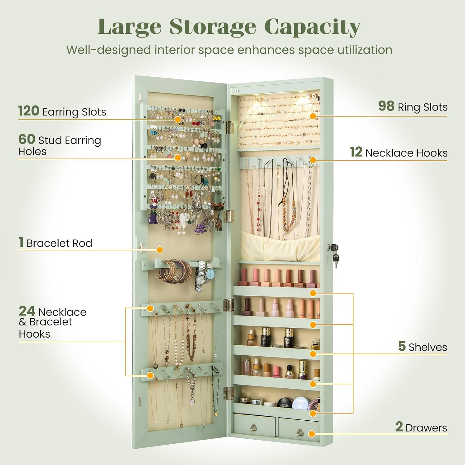 Giantex Wall Door Mounted Jewelry Armoire Cabinet with 47.5" Full Length Mirror, 2 LEDs Lockable Jewelry Organizers and Storage with 2 Drawers, Over the Door Jewelry Organizer Cabinet (Sage)