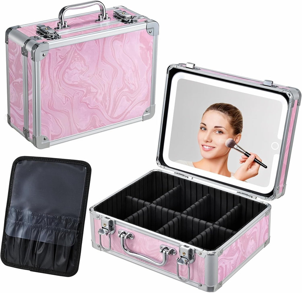Makeup Case with LED Mirror - Pink Fluid-Color Makeup Box with Detachable Lighted Mirror, Travel Cosmetic Train Case Organizer with Adjustable Dividers and Tool Panel for Brushes