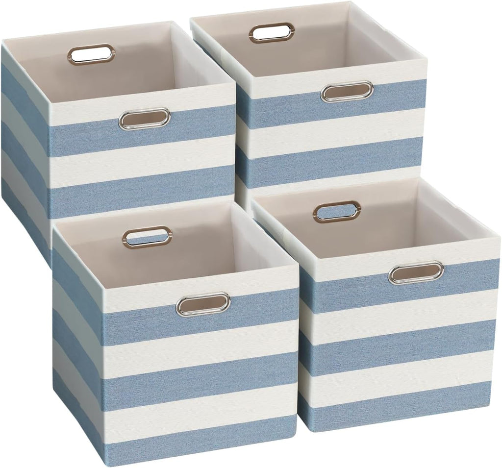 Foldable Cube Storage Bin Organizing Baskets Cubby Boxes Fabric Storage Cubes Organizer Bins with Handles for Organization Shelf Closet, 13"x13"x13", Pack of 4, Blue/White Stripe