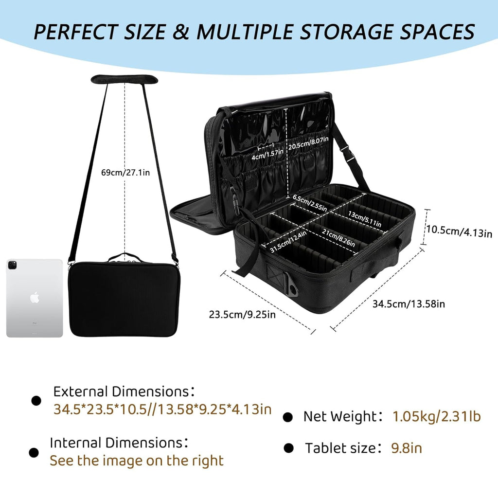 gzcz Travel Makeup Bag,Professional Cosmetic Bags for Women,Portable Makeup Brush Case Organizer Storage with Adjustable Dividers and Shoulder Strap (Medium)