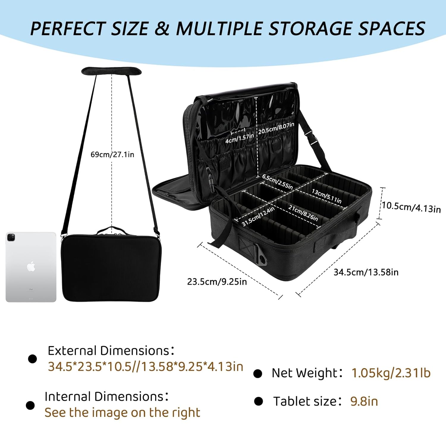 gzcz Travel Makeup Bag,Professional Cosmetic Bags for Women,Portable Makeup Brush Case Organizer Storage with Adjustable Dividers and Shoulder Strap (Medium)